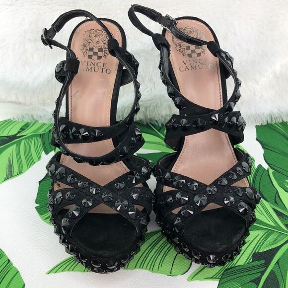 Vince Camuto Black Studded Suede Strappy Heels 7 - Picture 1 of 13